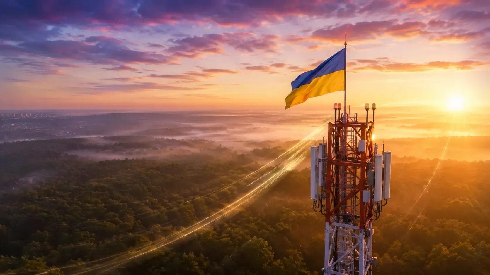 Телекомунікаційна вежа з мобільним обладнанням на тлі українського прапора