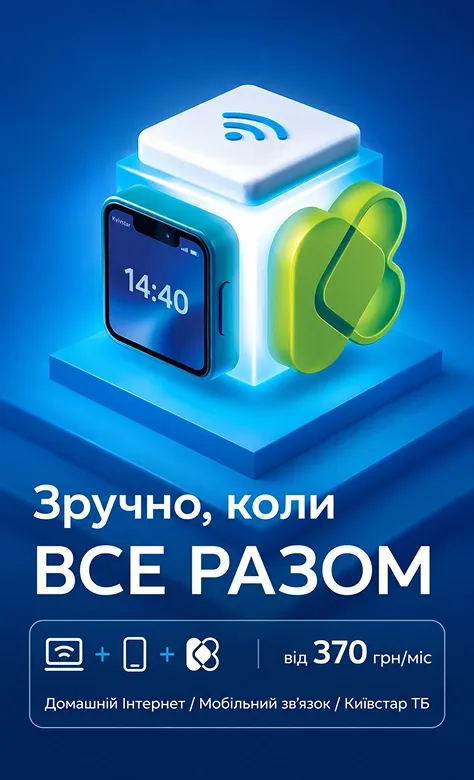 3D-куб із Wi-Fi, смартфоном і логотипом ТБ. Все разом від 370 грн/міс: інтернет, мобільний, Київстар ТБ